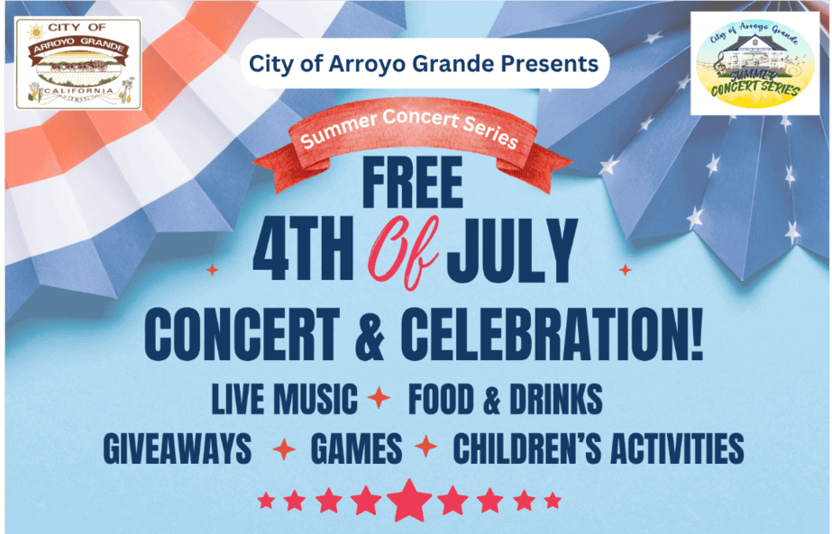 Flyer for the City of Arroyo Grande's Free 4th of July Concert & Celebration at Heritage Square Park, 201 Nelson Street. Event features live music, food and drinks, giveaways, games, and children’s activities. Schedule includes AGPD Honor Guard Flag Presentation at 10:30 AM, National Anthem by Justin Christian at 10:45 AM, The Village Band from 11 AM to 1 PM, and Unfinished Business from 2 PM to 4 PM. Part of the Summer Concert Series. Website listed: www.arroyogrande.org/rec. Includes patriotic graphics and photos of the honor guard, bandstand, and musicians.
